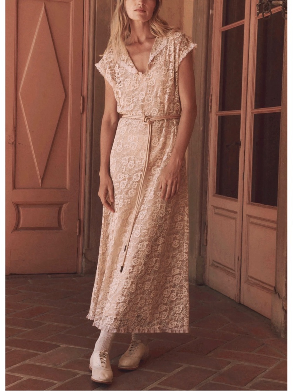 NWT THE GREAT. Maxi Short-Sleeve Lace The Corridor Dress